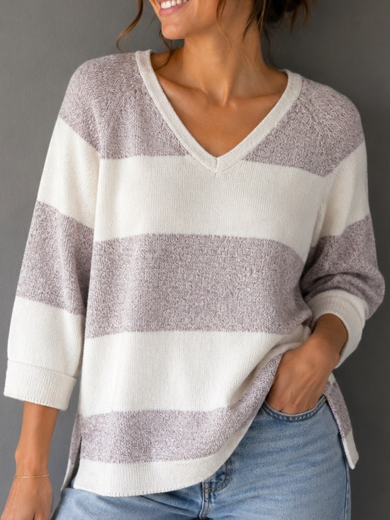Reitmans Sweaters - Reitmans Striped Cotton Knit Sweater Mauve Cream V-Neck 3/4 Sleeve Size Small